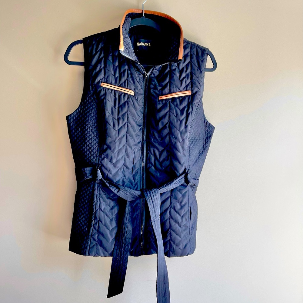 Naranka Quilted Belted Vest w/ Cognac Leather Trim